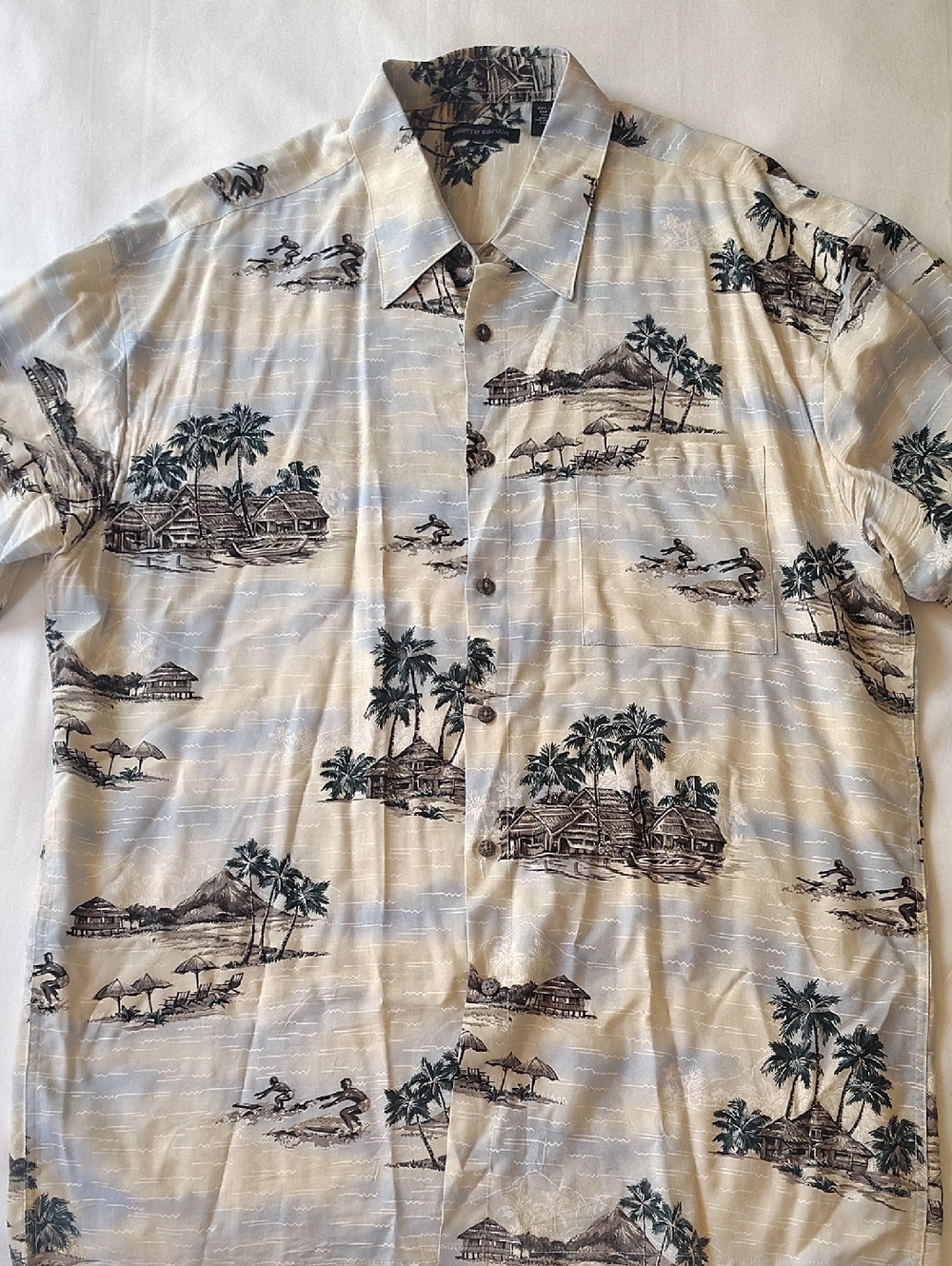 Pierre Cardin Beige and Blue Tropical Print Short-Sleeve Light Weight Button Up